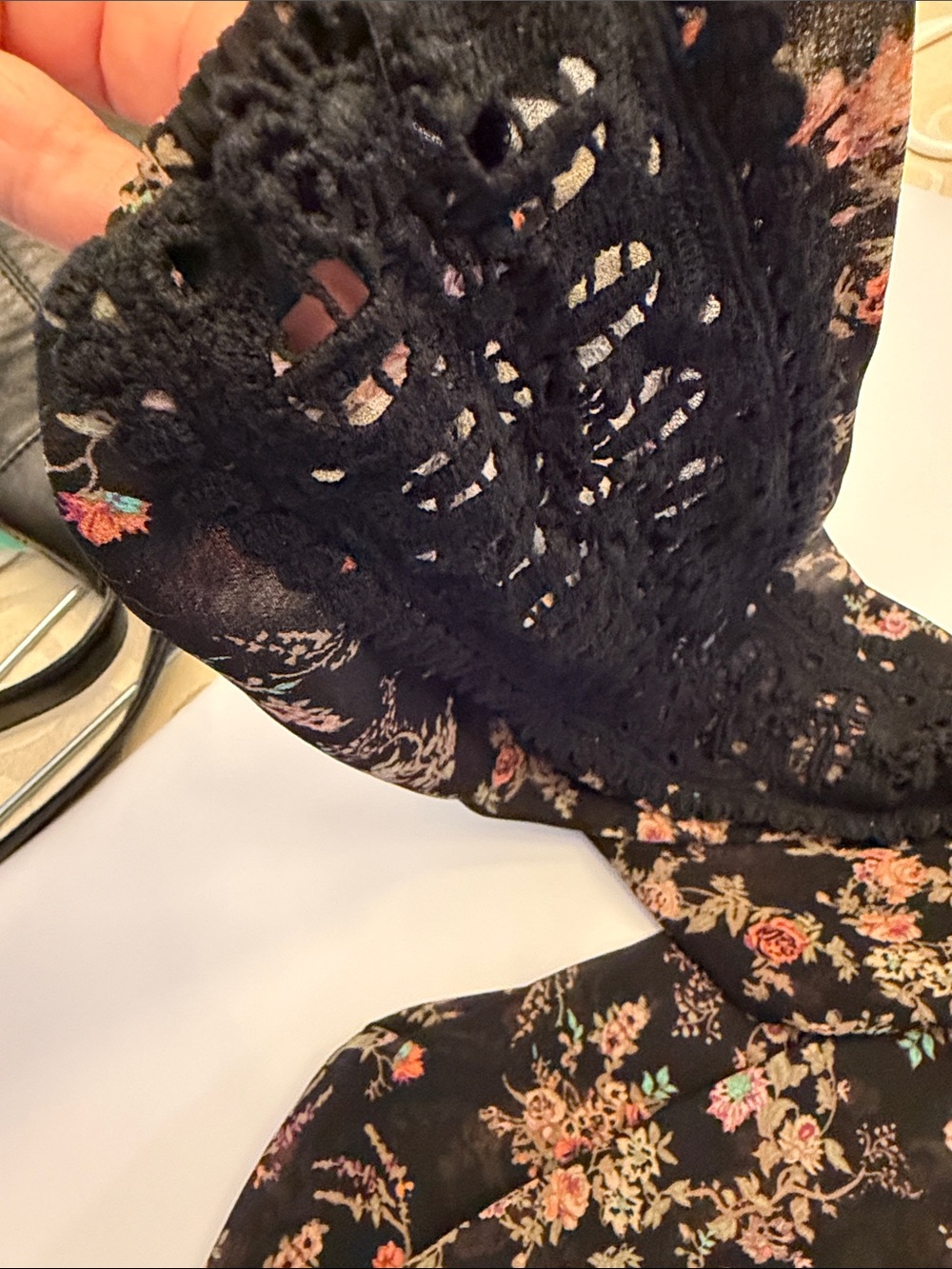 American Rag Cie Black Floral Crochet-Sleeve Tie-Front Blouse - Picture 5 of 5